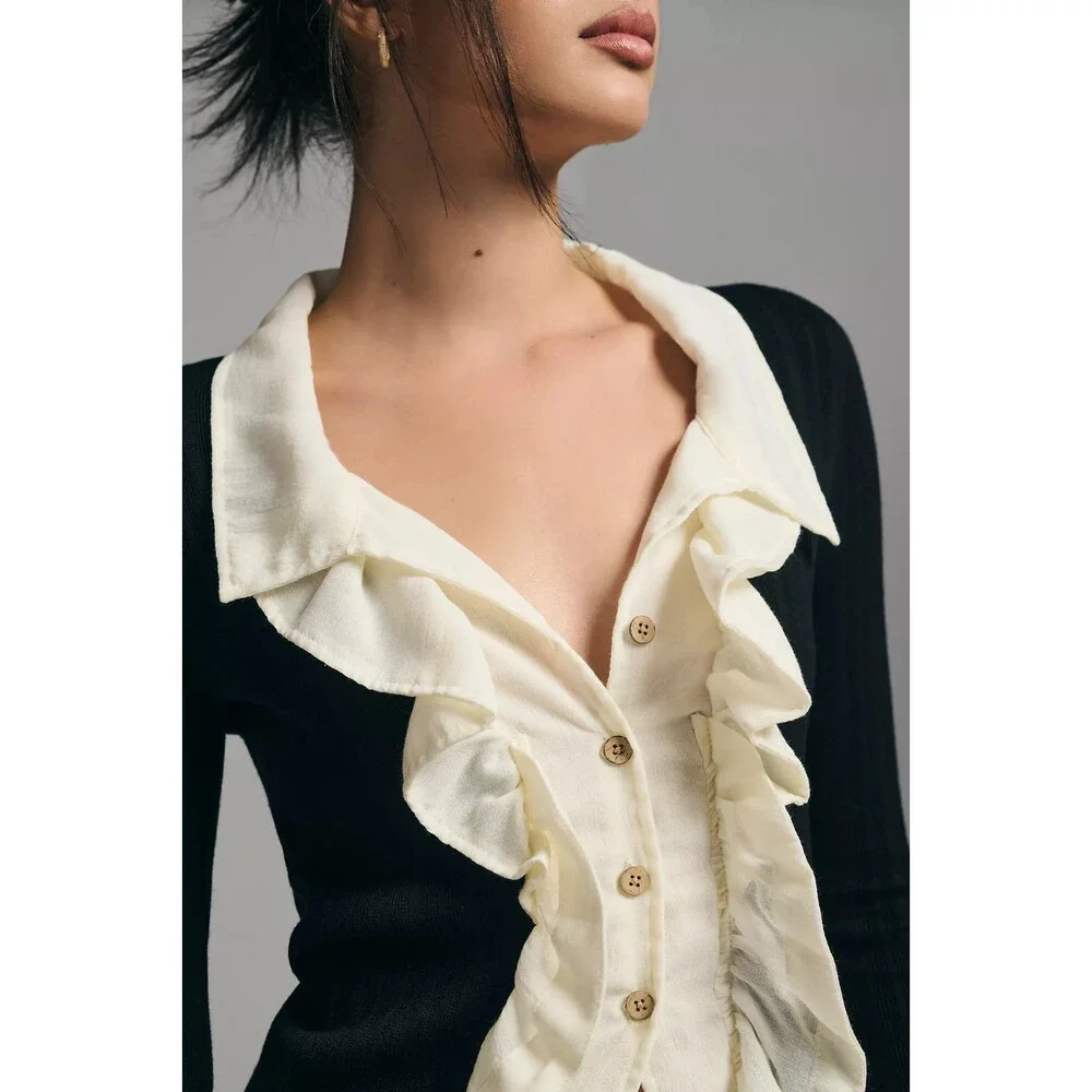 ANTHROPOLOGIE Ruffle Front Cardigan Size S Black Cream Whimsigoth Victorian